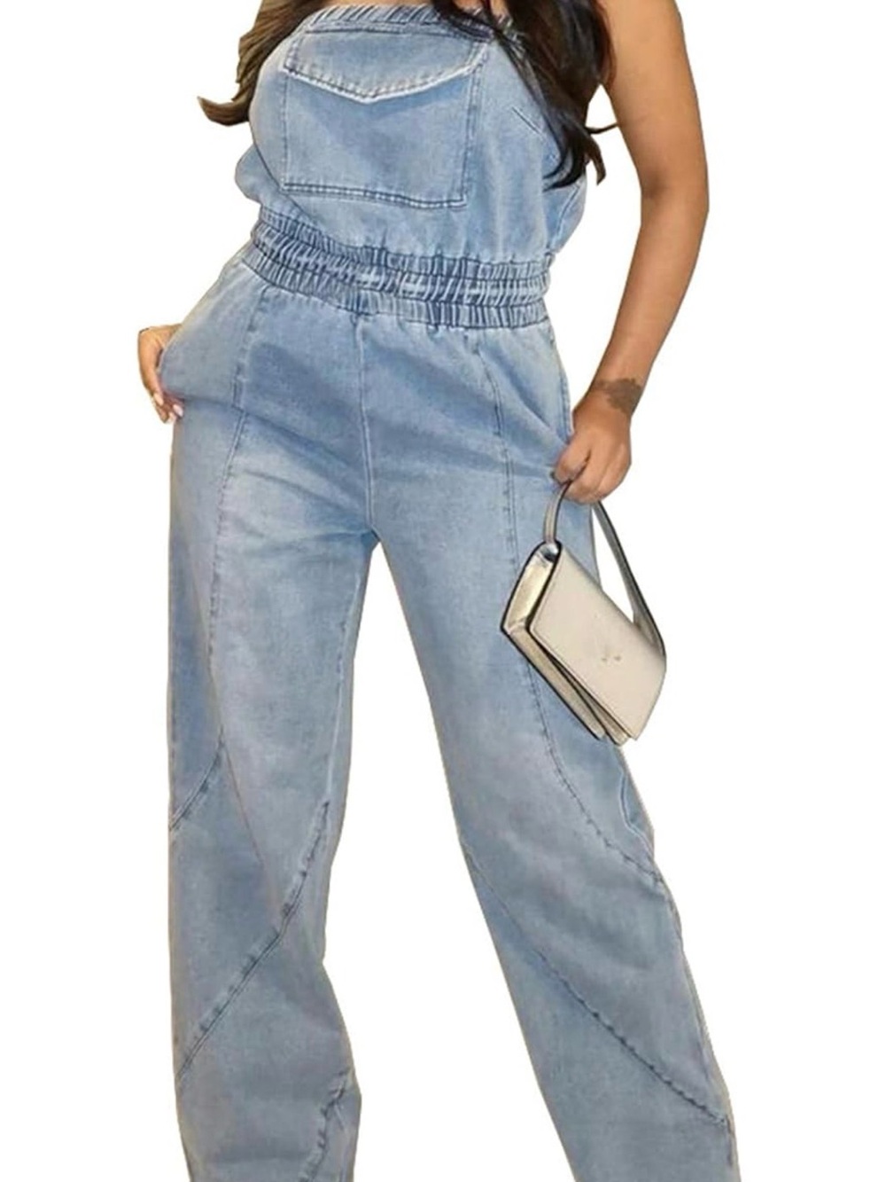 Light Wash Denim Strapless Jumpsuit with Elastic Waist